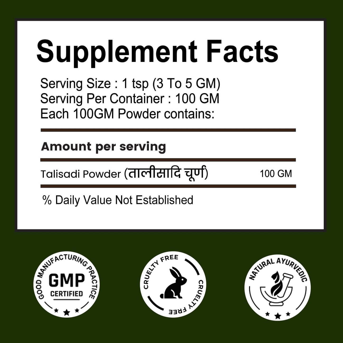 Supplement facts label with Talisadi Powder on a green background