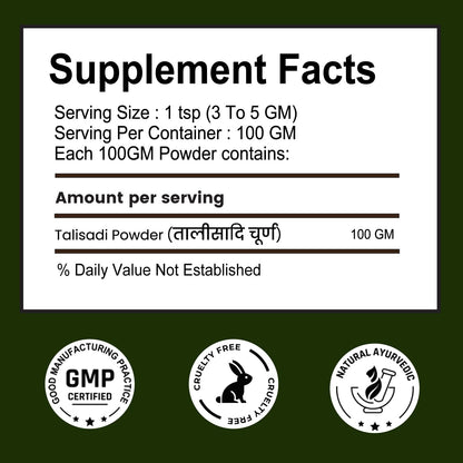 Supplement facts label with Talisadi Powder on a green background