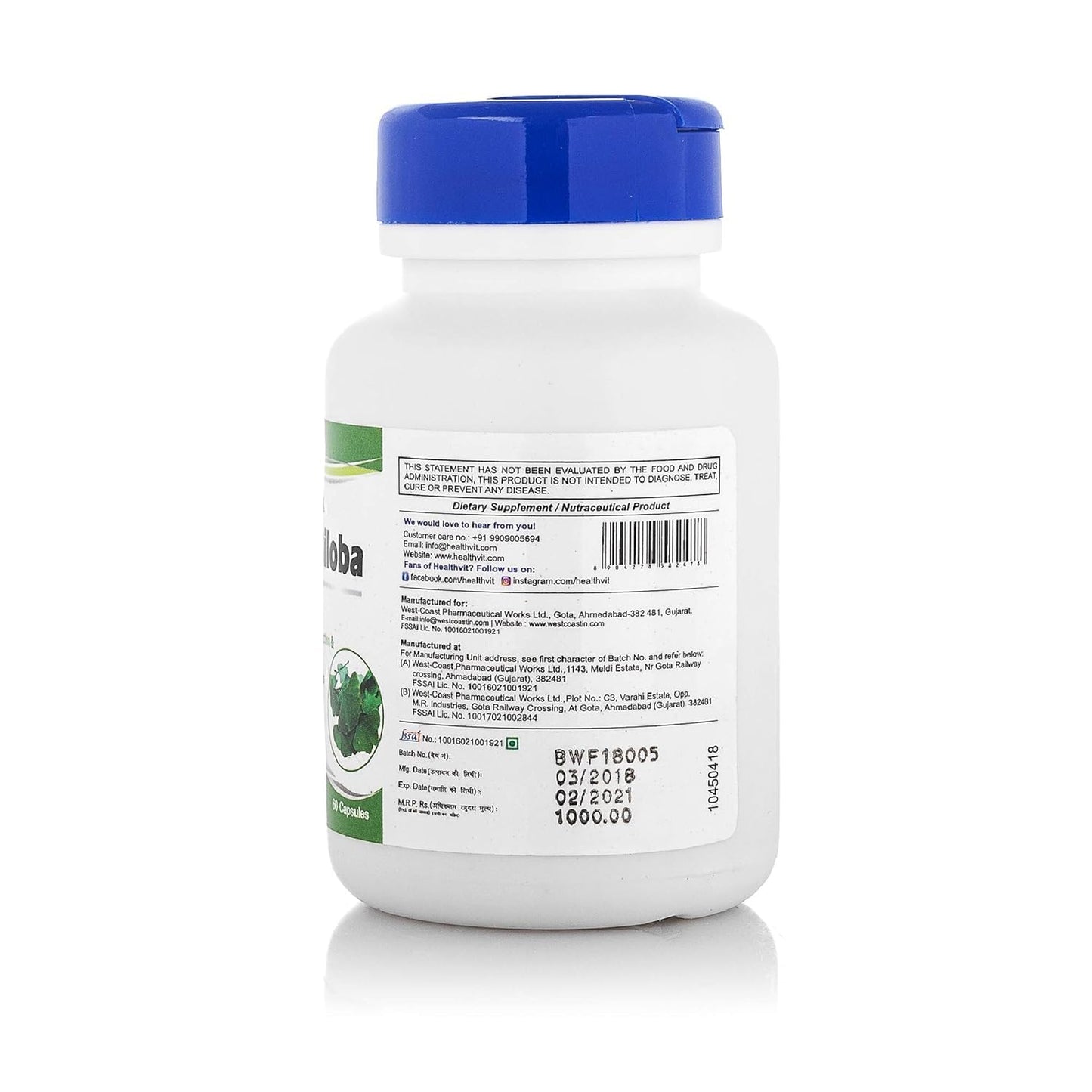 Supplement bottle with blue cap and white label on a white background