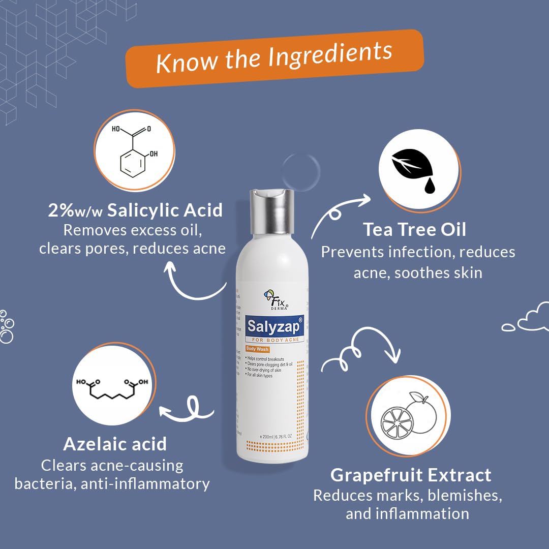 Fixderma Salyzap 2% w/w Salicylic Acid Acne Body Wash 200ml and AZ Acne Body Spray 100ml