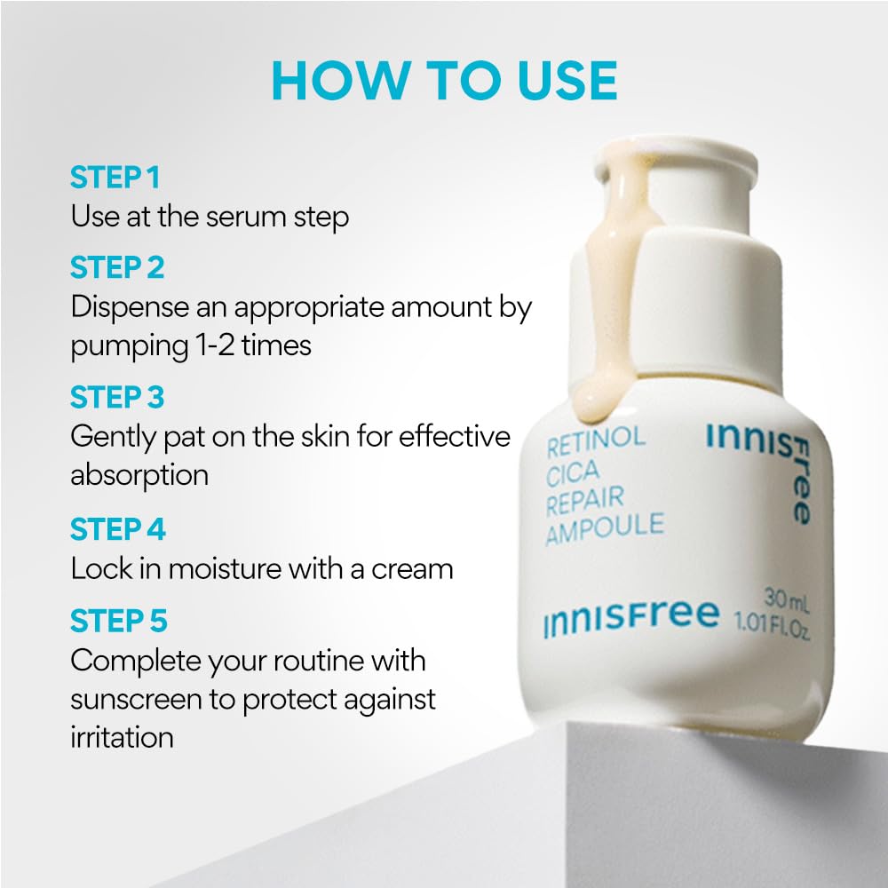 Innisfree Retinol Cica Repair Ampoule 30ml with Hyaluronic Acid, Korean Face Serum for Reducing Skin Blemishe, Improving Skin texture, Nourishing & Revitalizing, Hydrating, Soothing, & Strengthening