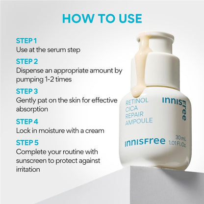 Innisfree Retinol Cica Repair Ampoule 30ml with Hyaluronic Acid, Korean Face Serum for Reducing Skin Blemishe, Improving Skin texture, Nourishing & Revitalizing, Hydrating, Soothing, & Strengthening