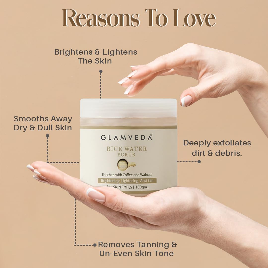 Glamveda Rice Water Brightening Face Scrub for Men & Women | Creamy Exfoliating Scrub with Rice Extract | Helps Remove Dead Skin, Improve Skin Texture & Even Skin Tone | 100g