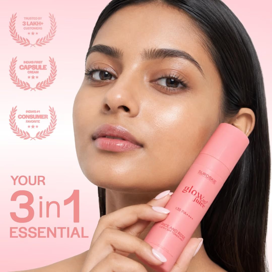 Suroskie Glow Up Juice SPF 35 PA++++ Sunscreen Spray 100ml with Rose & Rice Toner for Glass Skin | UV Rays Protection | Brightens & Smoothens | Dewy Mist for All Skin Types | Dermatologically Tested