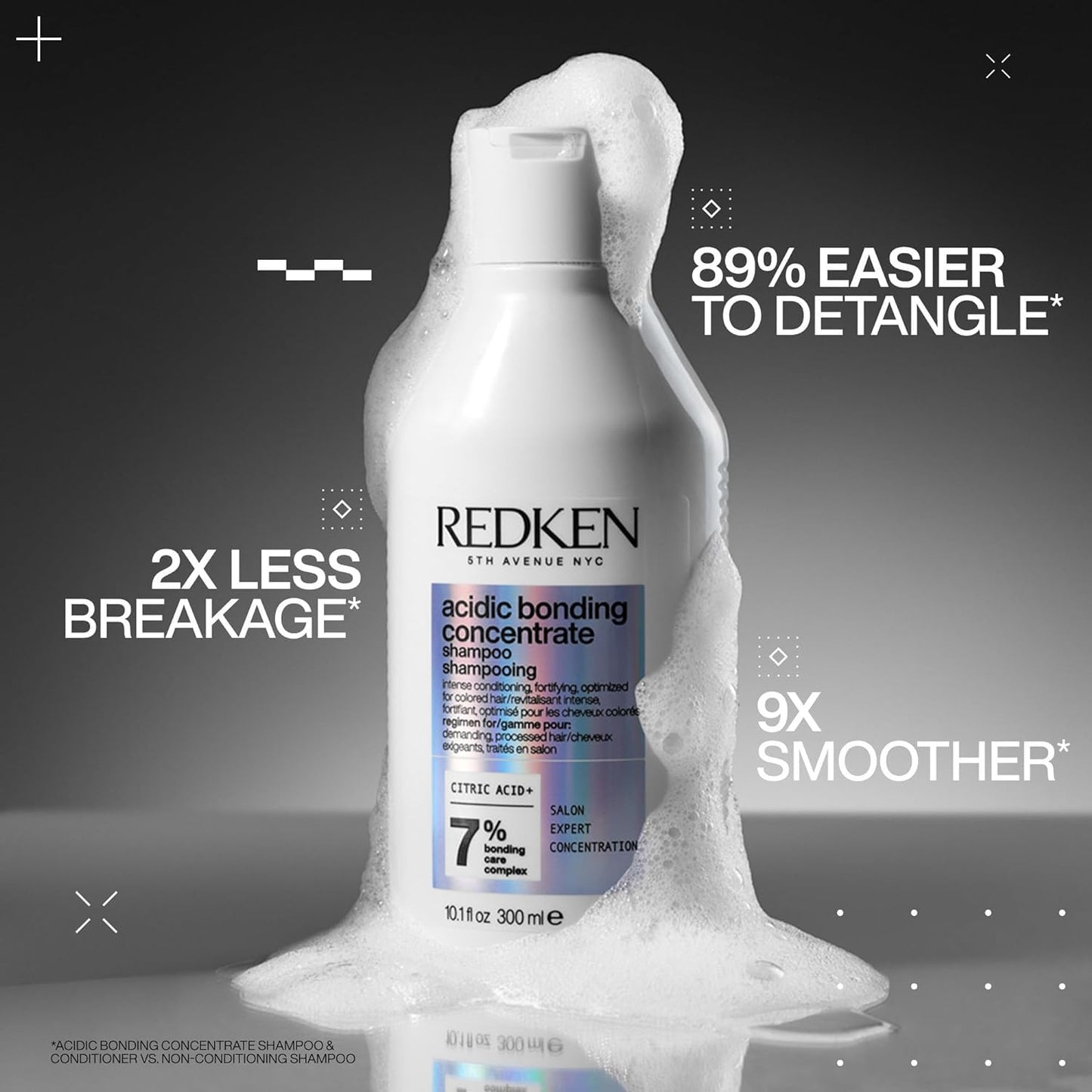 Redken shampoo bottle with text highlighting hair care benefits on a dark background
