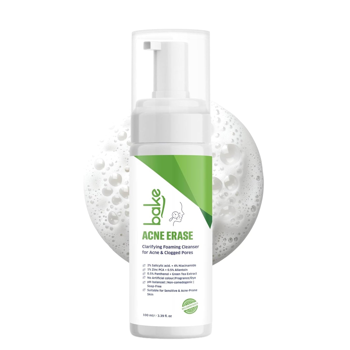 BAKE Acne Erase Foaming Face Wash with 2% Salicylic Acid & Niacinamide | Oil Control, Unclogs Pores, Clears Acne & Blemishes | Gentle Foaming Cleanser for Oily, Acne Prone & Sensitive Skin – 100ml