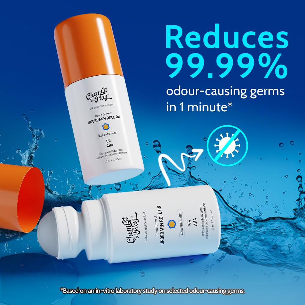 Chemist At Play UnderArm Roll On For Sensitive Skin | Aqua Fragrance | 75ml 4% Lactic Acid & 1% Mandelic Acid | Fades Underarm Pigmentation & Reduces Body Odour | 0% Aluminium & Alcohol |Sensitive Skin