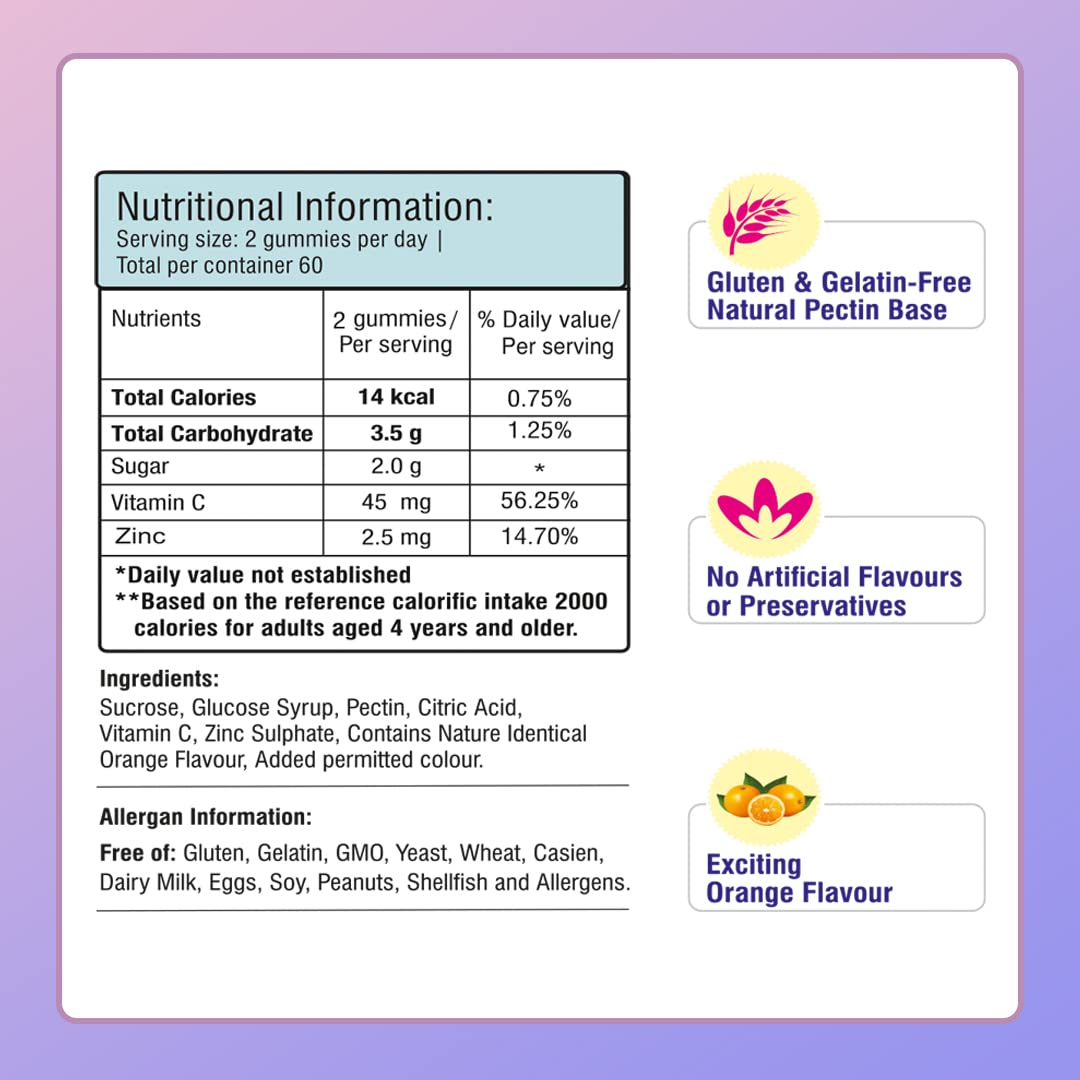 Nutritional information label for gummies on a purple background
