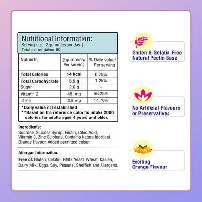 Nutritional information label for gummies on a purple background