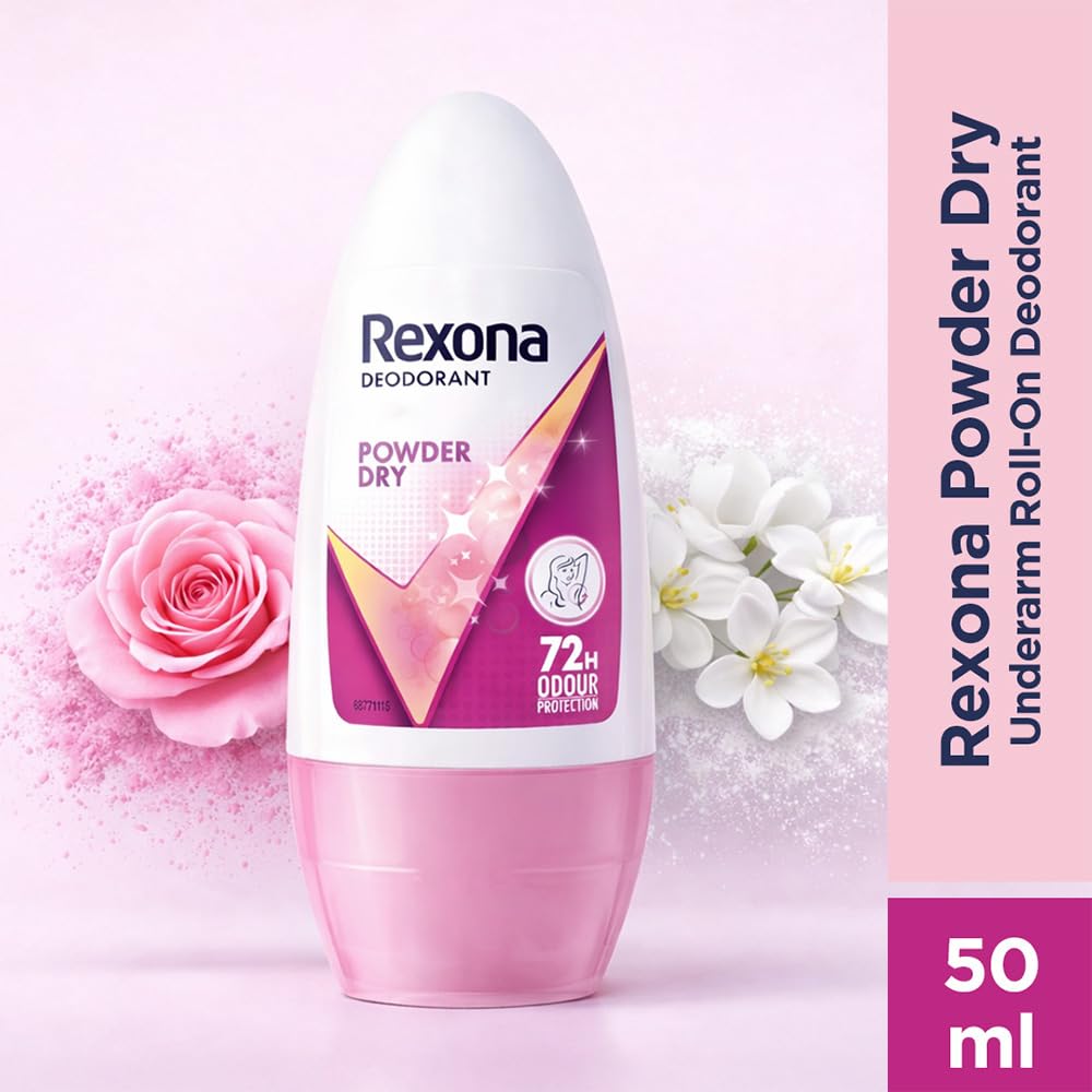Rexona Powder Dry Underarm Roll On Deodorant For Women, Antiperspirant, Removes Odour, Keeps Skin Fresh & Clean, Alcohol Free, Skin Friendly, 50 ml