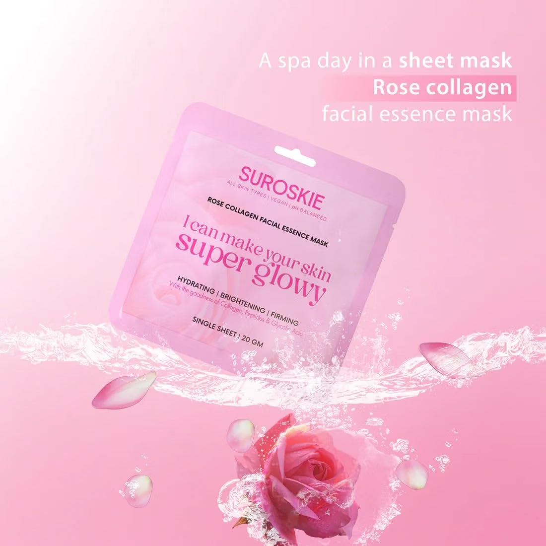 Suroskie Rose Collagen Facial Essence Mask – Korean Brightening Sheet Mask With Real Rose Extract & Anti-Aging Collagen | Intense Hydration, Firming Glow, Radiance Boost For Dull, Dry, Tired Skin