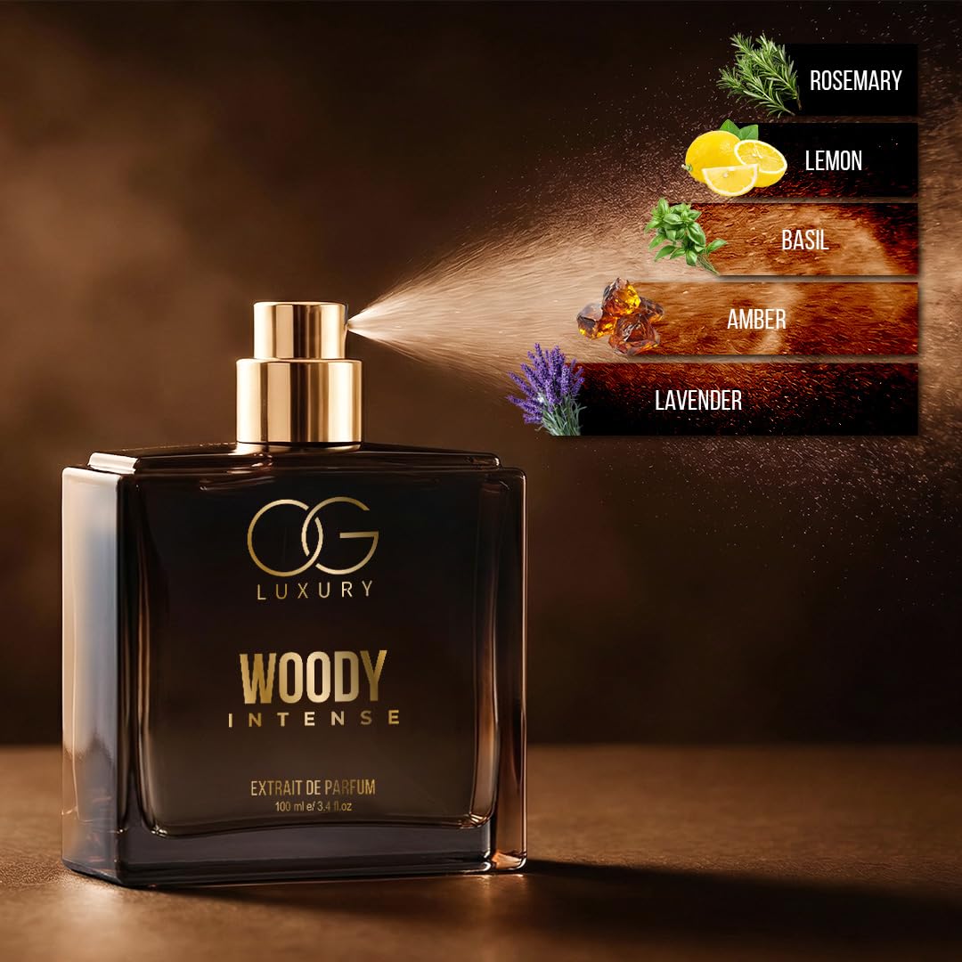OG Luxury Woody Intense perfume bottle with a fragrance panel on a dark background