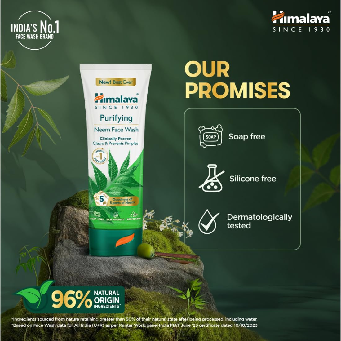 Himalaya Purifying Neem Face Wash tube with greenery on a dark green background