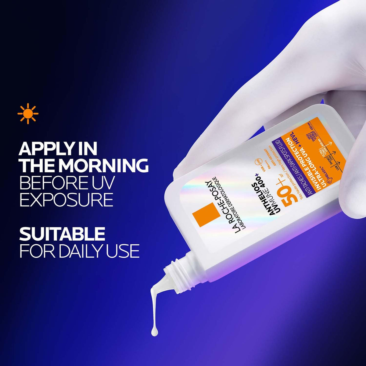 Hand applying sunscreen with a blue background and text about application.