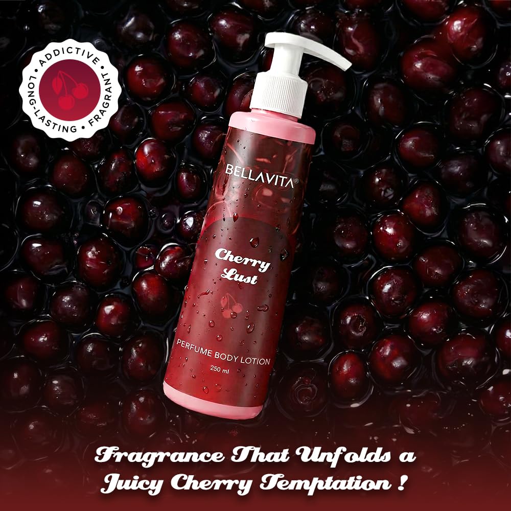 Bottle of Bellavita Cherry Lus perfume body lotion surrounded by cherries with branding and text.