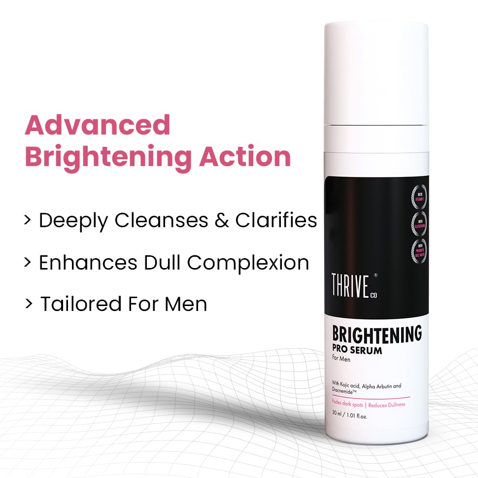 Thrive brightening serum bottle with text highlighting its benefits on a white background