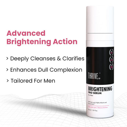 Thrive brightening serum bottle with text highlighting its benefits on a white background