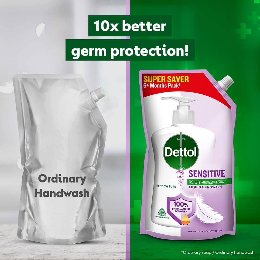 Dettol Liquid Hand wash Refill, Sensitive, 675ml | pH Balanced | 10x Better Germ Protection