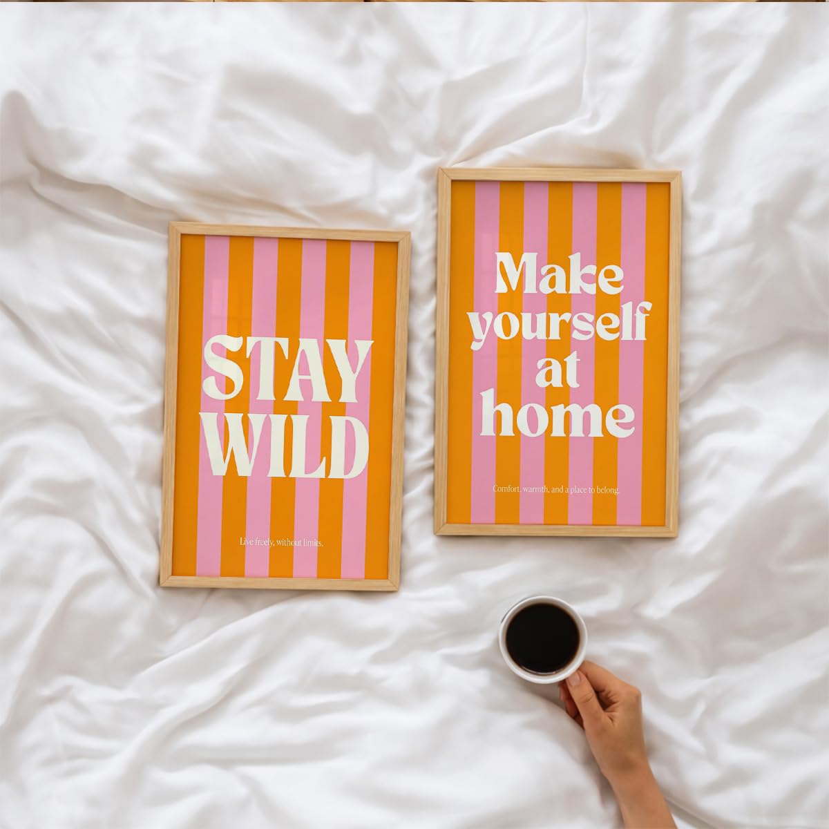 Stay Wild Make Yourself At Home Wall Art Set of 2 Framed Paintings | Orange Pink Retro Typography Poster | Bedroom Living Room Home Décor (Art 8, 10x13 Inches)