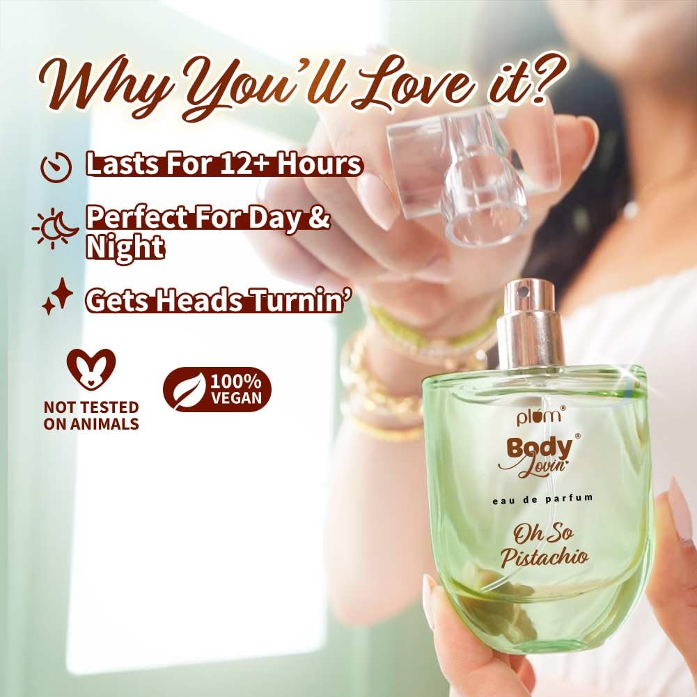 Plum BodyLovin' Oh So Pistachio Perfume | Long Lasting & Premium Oriental Gourmand Fragrance | Luxury Perfume For Women | Pistachio & Hazelnut Notes | Perfect For Holidays & Special Ocassions (50ml)
