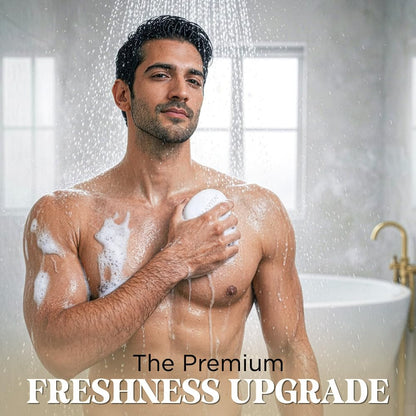Man showering with soap lather, text 'The Premium Freshness Upgrade' in a bathroom setting