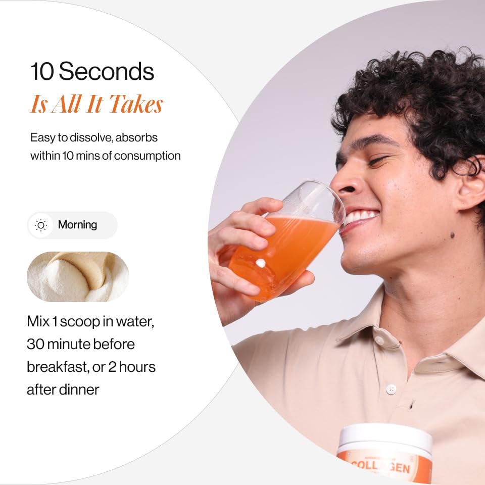 Person drinking an orange beverage from a glass with product packaging visible, featuring text about quick consumption and timing.