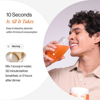 Person drinking an orange beverage from a glass with product packaging visible, featuring text about quick consumption and timing.