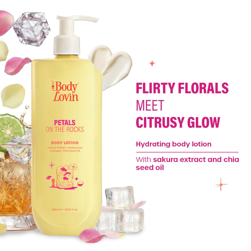 Plum BodyLovin’ Petals On The Rocks Body Lotion | Renewing & Reviving Body Lotion | Lightweight Hydration | Sakura Extract, Hydrolysed Collagen & Chia Seed Oil | Citrus Floral Fragrance | 400 ml