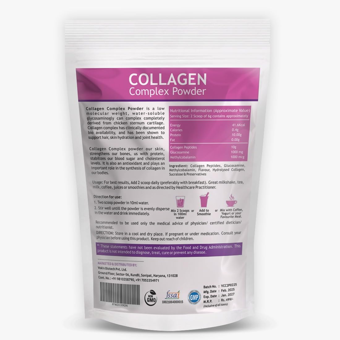 Collagen complex powder packaging with nutritional information on a white background