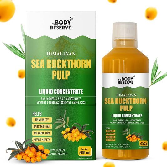 The Body Reserve Himalayan Sea Buckthorn Pulp packaging and bottle on a white background with sea buckthorn berries.
