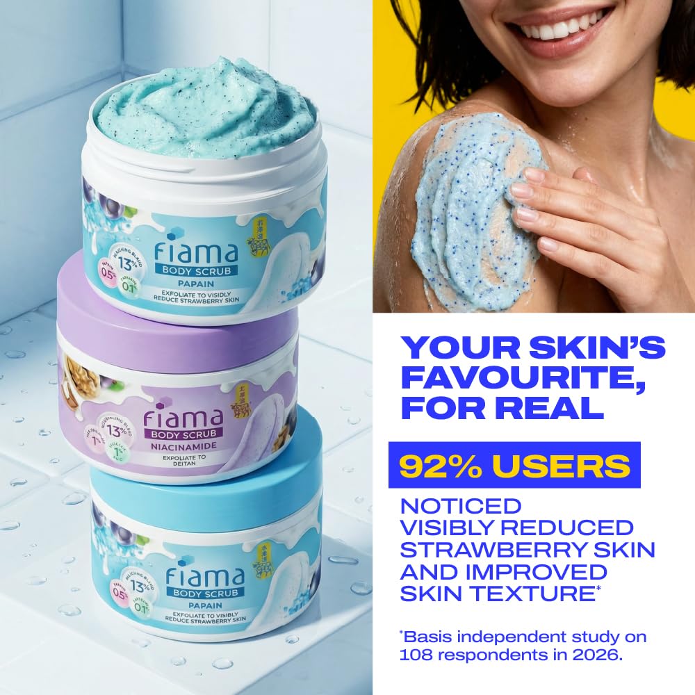 Fiama Strawberry Skin Exfoliating Body Scrub 200g, 0.5% Papain Enzyme + 0.1% Caffeine, Chemical + Physical Exfoliation, 13% Polishing Blend, Reduces Keratosis Pilaris, Refreshing Aqua Fragrance