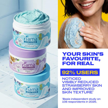 Fiama Strawberry Skin Exfoliating Body Scrub 200g, 0.5% Papain Enzyme + 0.1% Caffeine, Chemical + Physical Exfoliation, 13% Polishing Blend, Reduces Keratosis Pilaris, Refreshing Aqua Fragrance