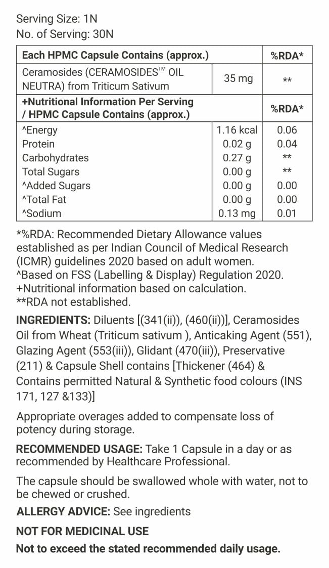 Nutritional label for HPMC Capsules with serving size, number of servings, and detailed nutritional information.