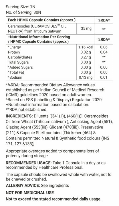 Nutritional label for HPMC Capsules with serving size, number of servings, and detailed nutritional information.