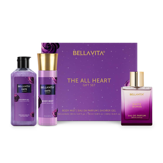 Bellavita 'The All Heart' gift set with shower gel, body mist, and eau de parfum on a white background.