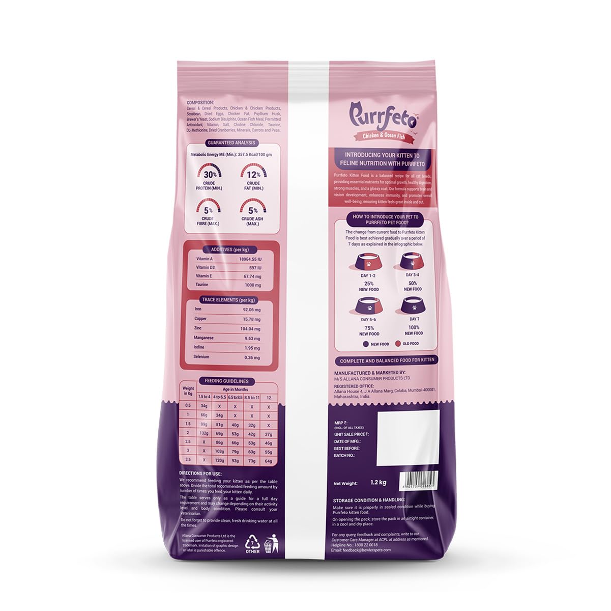 Purrfeto Kitten Dry Cat Food | Chicken & Ocean Fish | 1.2 kg | 40% Reduction in Urinary Track Diseases |Promotes Brain & Vision Development | Enhances Immunity | Improves Digestive Health