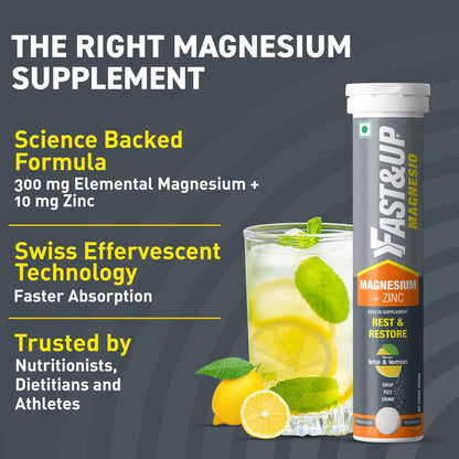 Fast&Up Magnesio - Magnesium and Zinc for Muscle Health and Stress - 20 Effervescent Tablets - Lime and Lemon Flavor