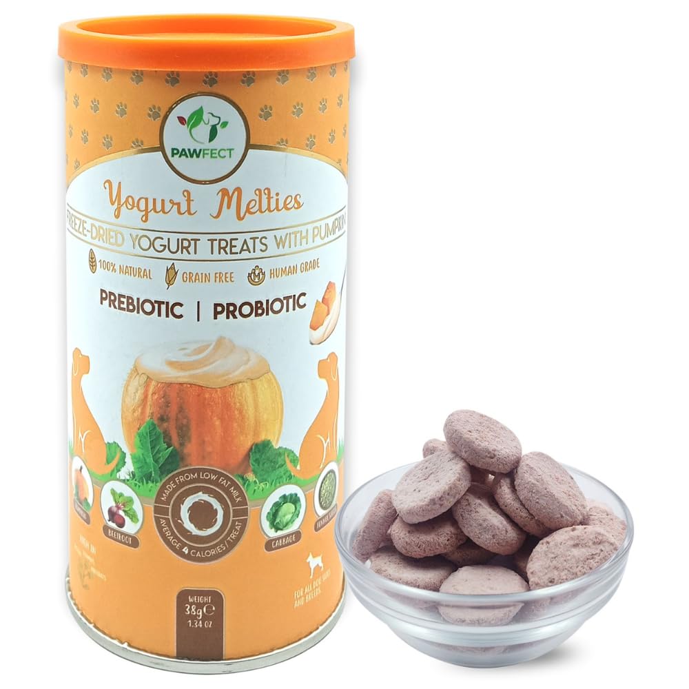 Pawfect Yogurt Melties Freeze Dried Pre and Probiotic Dog Treats with Pumpkin, Beetroot, Cabbage & Fennel Seeds- Healthy Gut- Low Calories- Grain & Gluten Free - Reward or Training Treats (38g/1.34oz)