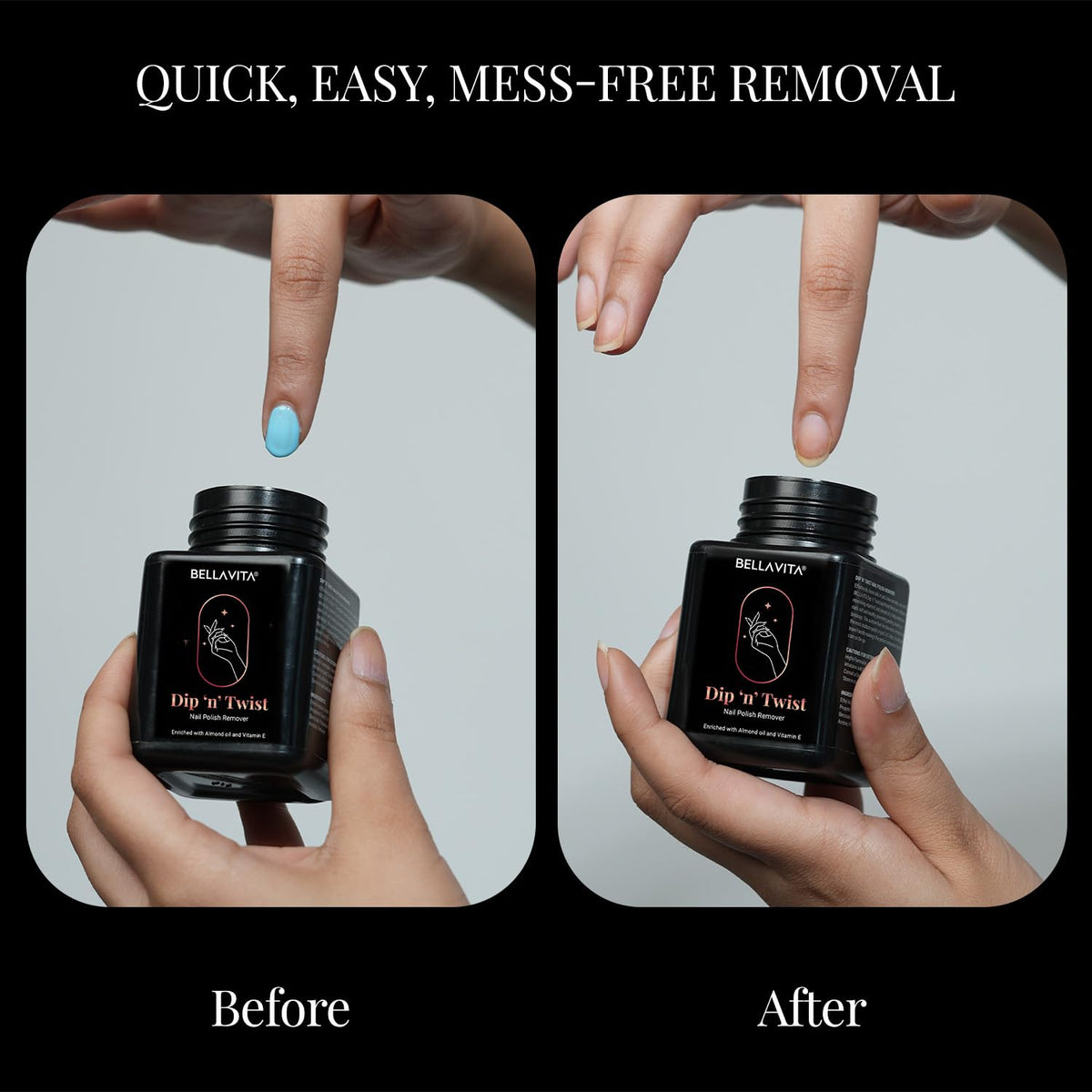 Before and after comparison of a black bottle labeled 'Dip 'n Twist' held by a hand.