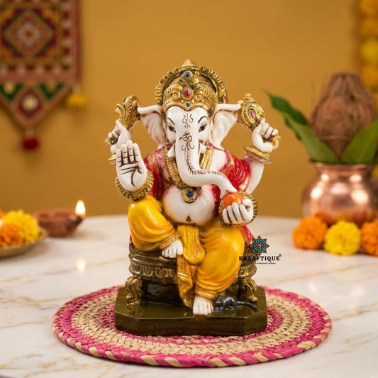 Marble Lord Ganesha Idol on Singhasan – 7 Inch Multicolor Glossy Ganpati Murti for Home Pooja Room, Decorative Showpiece & Gift (13x10x18 cm)