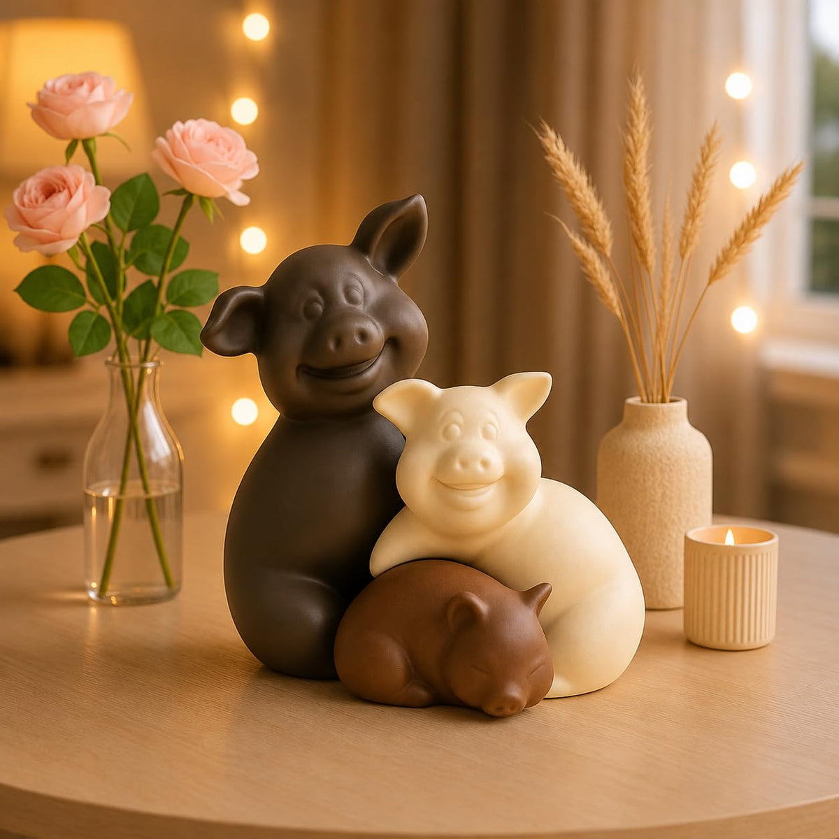 Home Décor Teddy Piggy Family Matte Finish Ceramic Figurines - (Set of 3, Matte Brown)