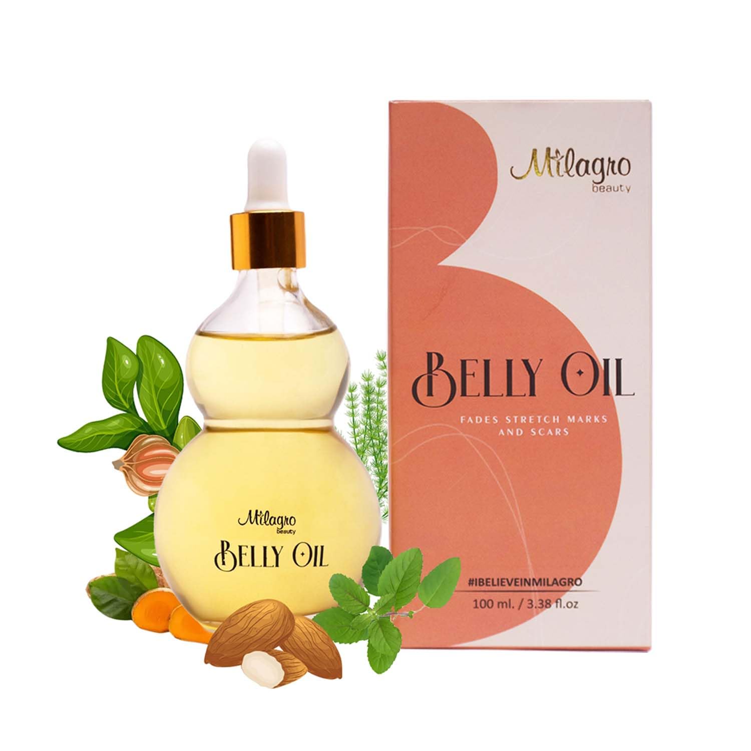 Belly oil bottle with packaging and ingredients on a white background