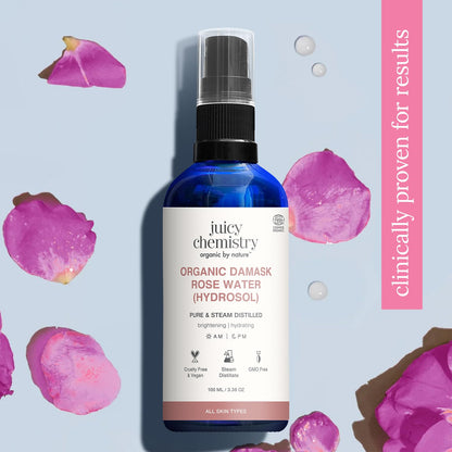 Juicy Chemistry Organic Damask Rose Water (Hydrosol), 100 ml | 100% Pure Steam Distilled | Brightens & Promotes Even Skin Tone | Boosts Skin Hydration | Dermatologically Tested | Clinically Proven