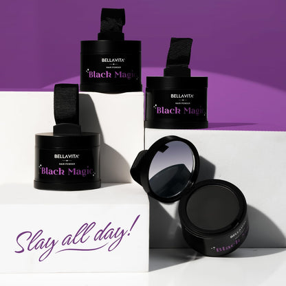 Bellavita Black Magic hair powder packaging on a purple and white background with 'Slay all day!' text.