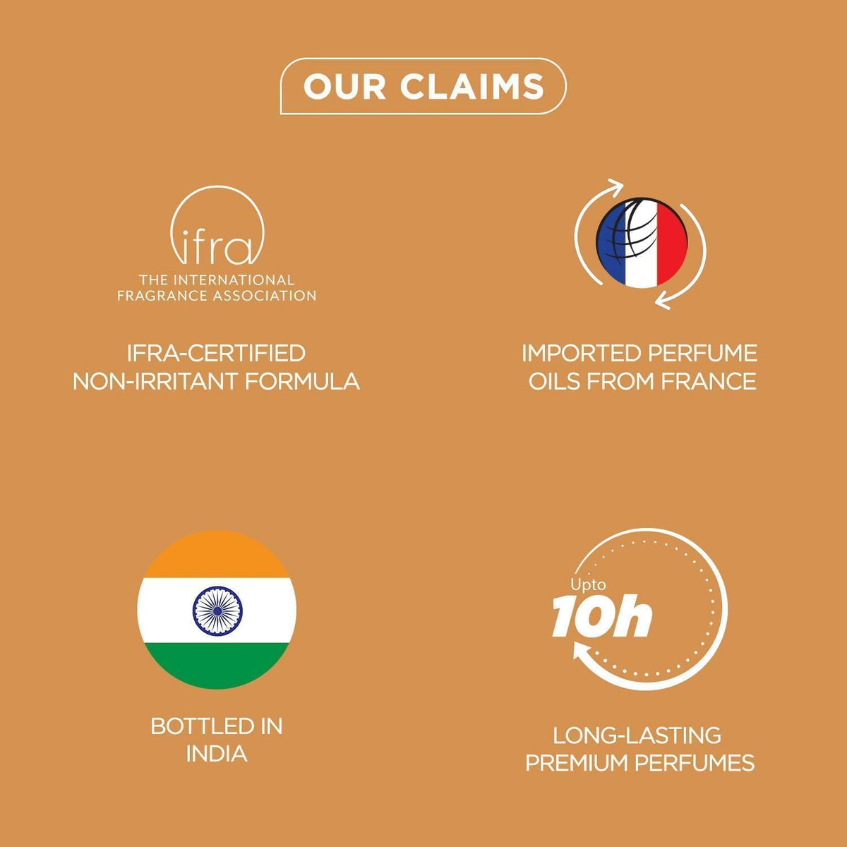 Claims of a perfume brand on a brown background with logos and text.
