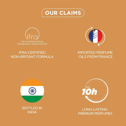 Claims of a perfume brand on a brown background with logos and text.