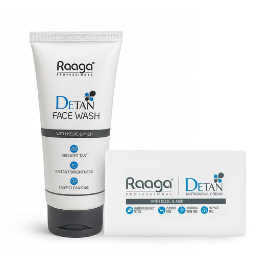 Raaga Professional De-Tan Face Care Combo | Face Wash 100ml + De-Tan Pack 72g | Kojic Acid, Milk, Lactic Acid & Arbutin | Tan Removal & Instant Brightening Kit | For All Skin Types