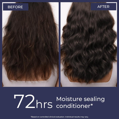 Before and after comparison of hair using a 72-hour moisture sealing conditioner.