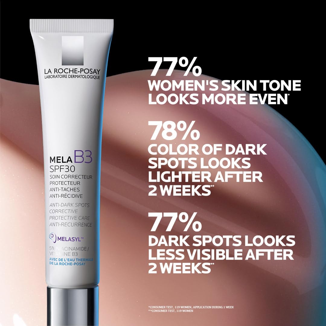 La Roche-Posay Mela B3 SPF30 skincare tube with skin tone improvement statistics on a blurred background
