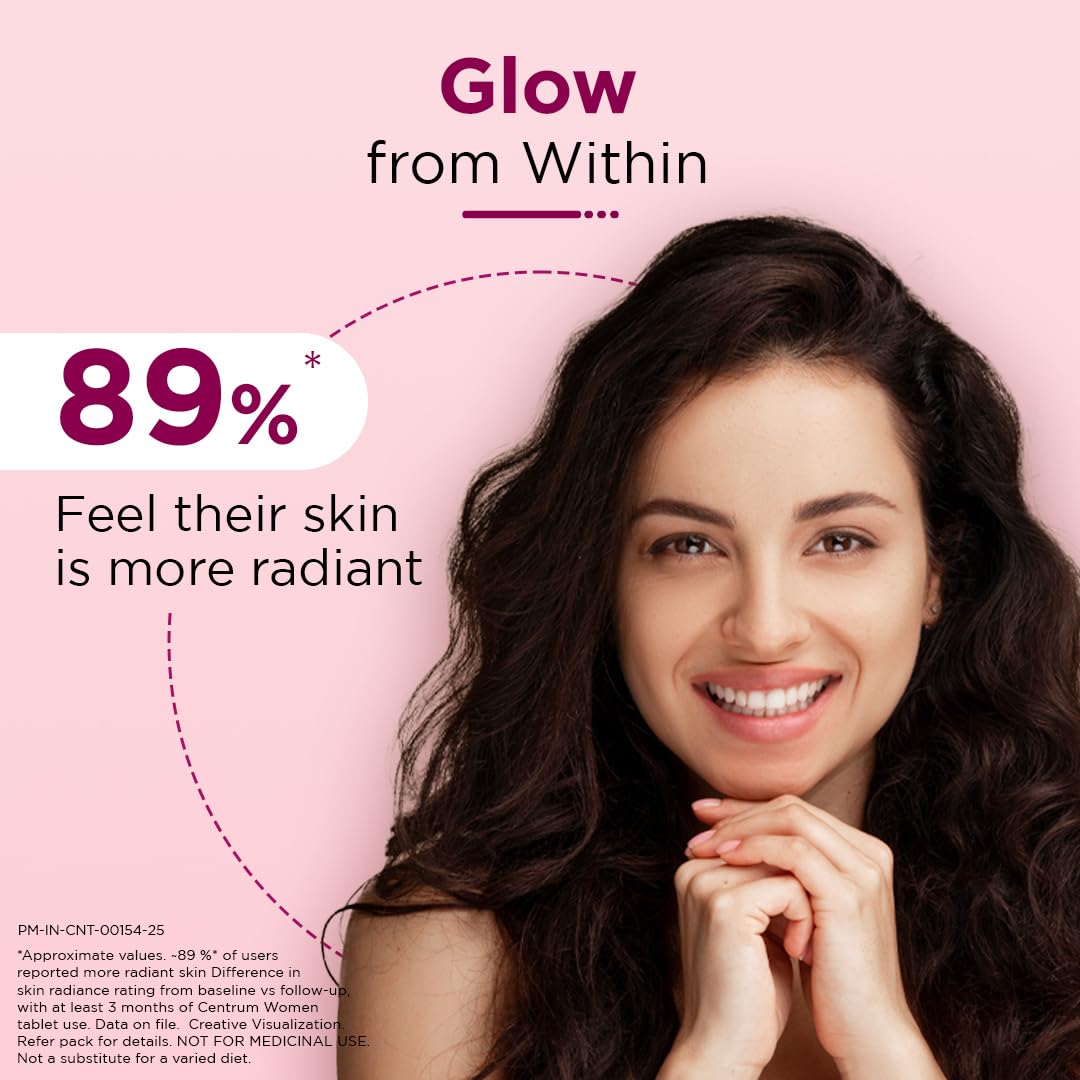 Woman with radiant skin on a pink background with text about skin radiance.